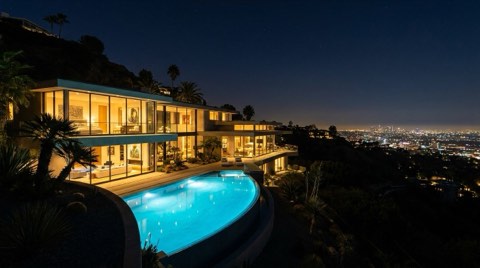 A luxury hillside home in the Hollywood Hills at night with a glowing turquoise infinity pool and a sweeping view of sparkling Los Angeles city lights below