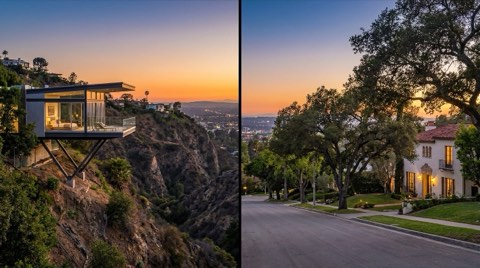 A dusk split view contrasting a steep hillside with a modern glass-walled canyon home against a gentler tree-lined street with an established Mediterranean-style home, city lights beginning to twinkle below