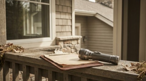 Inspector's clipboard and flashlight resting on a sunlit porch railing