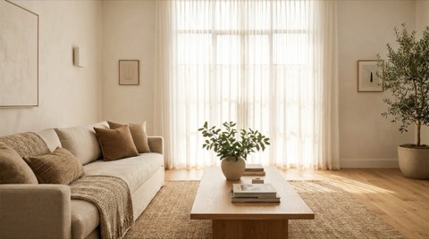 Bright staged living room with neutral sofa and sheer curtains