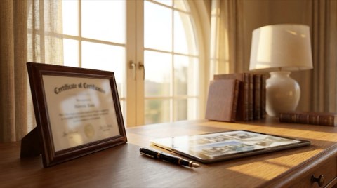 Framed certificate and tablet on a sunlit desk symbolizing agent credibility