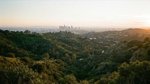 A hillside vantage point above Bel Air at golden hour looking toward a distant hazy city skyline