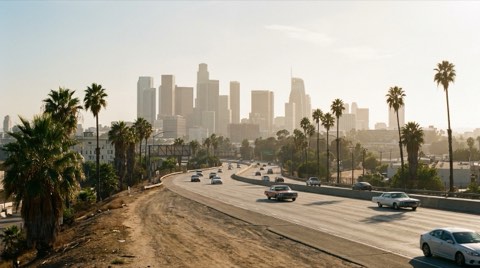 A Los Angeles freeway on-ramp curving toward the distant downtown skyline on a hazy sunny afternoon