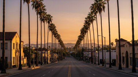 A palm-lined Culver City boulevard at sunset, evoking the route to the coast and downtown LA.