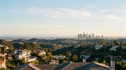 A wide daytime view from a Hollywood Hills overlook across the Los Angeles basin toward the downtown skyline in the hazy distance