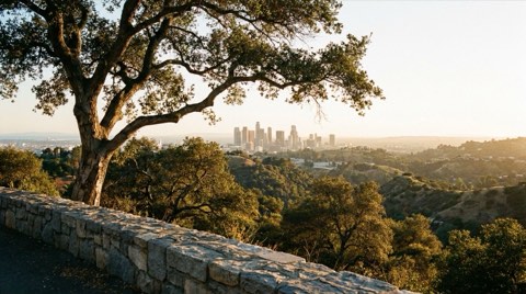 A hillside view from Los Feliz overlooking oak-covered hills toward the distant downtown Los Angeles skyline