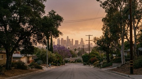 A hazy late-afternoon view from a residential hillside street toward a distant city skyline.