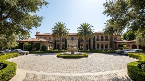 A grand Bel Air estate facade seen across a circular motor court with a stone fountain in bright midday sun