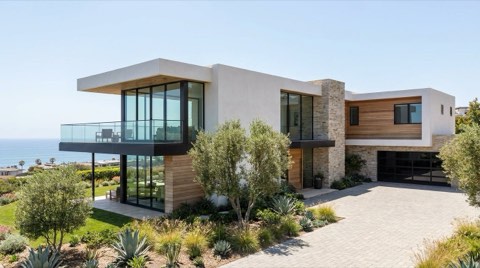 An upscale contemporary single-family home with large windows and manicured landscaping
