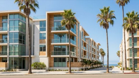 A contemporary mid-rise condo building near the Santa Monica coastline under bright midday sun, with palm trees lining the sidewalk