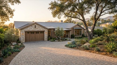 An upscale single-family home exterior with a long driveway and established landscaping at golden hour.