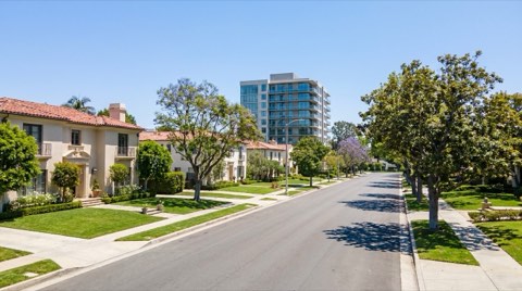 An upscale Westwood residential street in bright midday light showing a mix of a mid-rise condo tower and well-kept single-family homes with manicured lawns