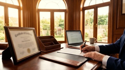 Hands signing paperwork at a desk with a framed certificate nearby