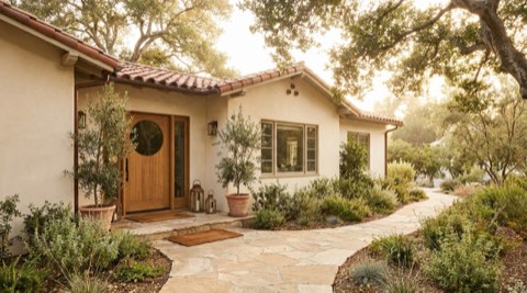 Walkway leading to the front door of a California home in daylight