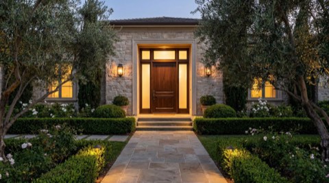 Softly lit luxury home entryway at dusk with no cars or people