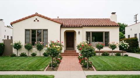 A tidy 1920s traditional Los Feliz home with a manicured lawn and trimmed rose bushes under soft morning light