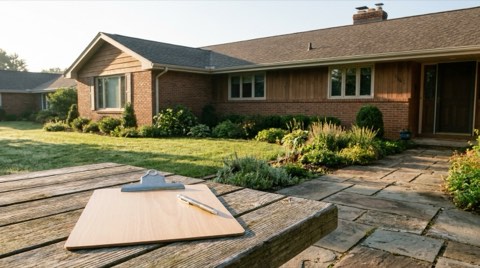 A clipboard resting on an outdoor table in front of a tidy Mar Vista home being prepared for sale