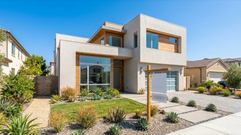 A modern two-story home with tidy desert landscaping and a blank real-estate yard sign post in the front yard, bright daylight.