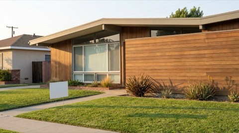 A mid-century ranch home with a blank yard sign on a manicured lawn at late afternoon.