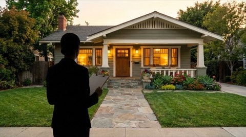 A staged Venice bungalow exterior with an agent in silhouette holding a clipboard