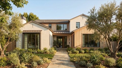 Modern-traditional Los Angeles home exterior with manicured lawn