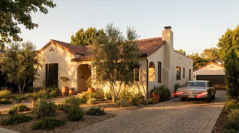 Warm bungalow-style Los Angeles home exterior at golden hour