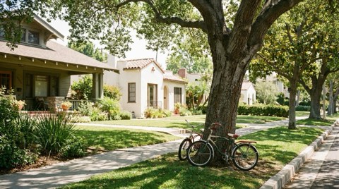 A tree-lined Beverlywood street with children's bicycles resting against a tree in a front yard