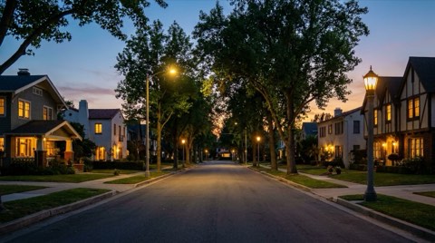 A peaceful Beverlywood residential street at early evening with streetlights beginning to glow