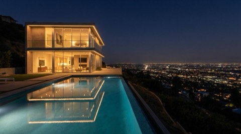 A sleek glass-walled Hollywood Hills home with a glowing infinity pool at night, overlooking a sea of Los Angeles city lights