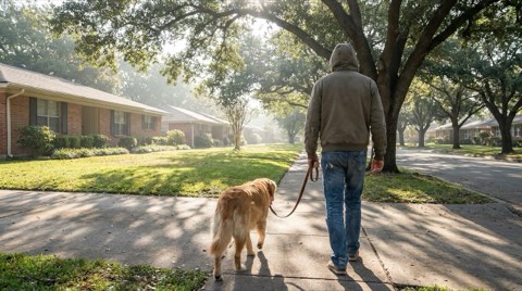 A person walking a dog from behind along a shaded sidewalk in Mar Vista
