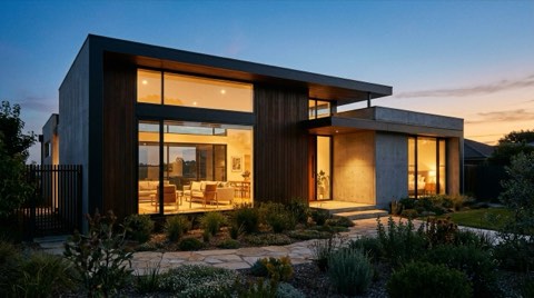 A stylish modern home exterior glowing with warm interior light at dusk in Mar Vista