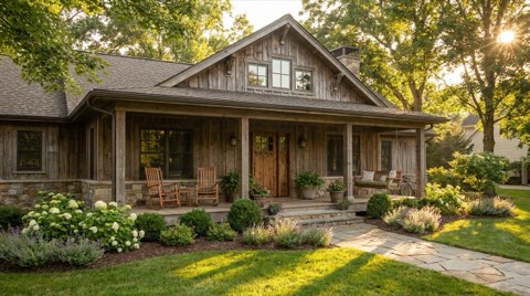 A charming single-family home with a welcoming front porch and tidy garden in warm afternoon light