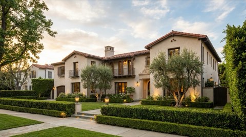 A grand historic mansion exterior on an upscale street with mature hedges in warm golden evening light