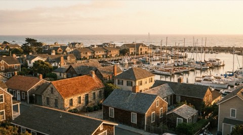 An elevated view over coastal neighborhood rooftops with a marina full of sailboats beyond