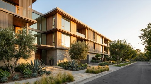 An elegant modern condominium building facade with manicured entrance landscaping, lit by soft warm late-afternoon light.