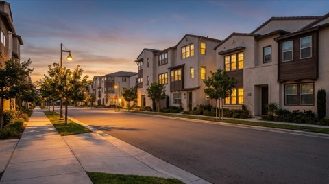 A quiet residential street at dusk with warm streetlamp glow, tidy modern townhomes, and empty sidewalks.