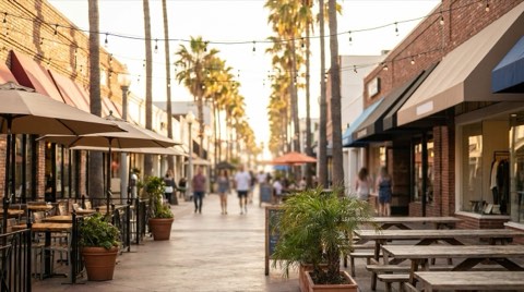 A palm-lined pedestrian street near Santa Monica's Third Street Promenade with outdoor cafe seating in warm late-afternoon light