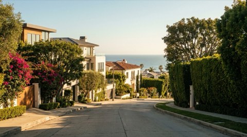 An upscale Santa Monica hillside street with ocean-view glimpses between well-landscaped homes in golden late-afternoon light
