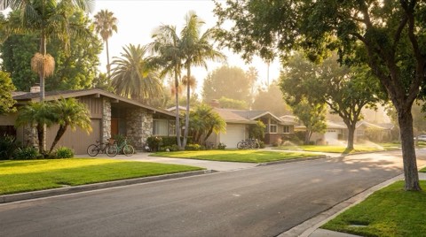 A warm flatland residential street in Studio City with bikes parked in driveways at late afternoon
