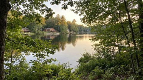 A private residential lake glimpsed through mature trees with homes visible along the far shore.