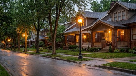 A calm residential street at dusk with warm glowing street lamps and traditional homes.