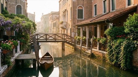 A peaceful Venice Canals scene with a footbridge and canal-front homes in morning light