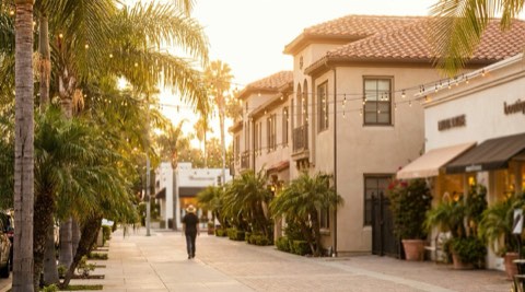 Walkable West Hollywood street lined with apartments and palm trees