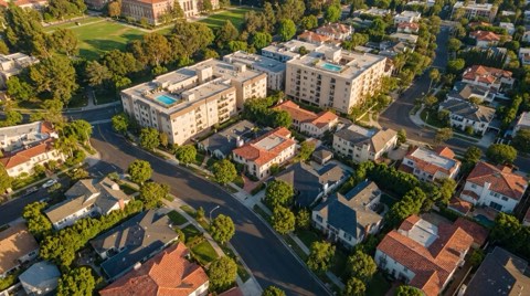 An aerial view over a mixed Westwood residential neighborhood at late afternoon showing rooftops of single-family homes and mid-rise condo buildings among tree canopies