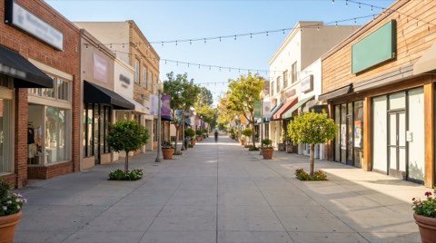 A walkable Westwood Village street at eye level with pedestrian-scale storefronts, string lights overhead, and small ornamental trees in daylight