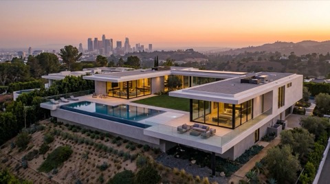 Aerial view of a luxury Los Angeles hillside estate at golden hour