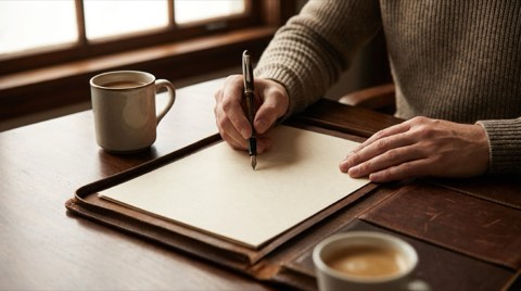 Hands with a fountain pen over a blank document in a leather portfolio