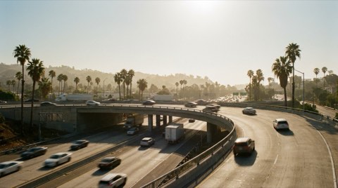 A freeway on-ramp interchange in Los Angeles lined with palm trees and distant hills