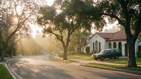 A quiet Los Feliz residential street in early morning sunrise light with a car parked in a driveway