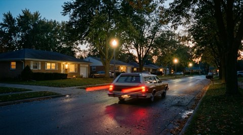 A car driving away down a quiet Mar Vista street at dusk